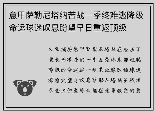 意甲萨勒尼塔纳苦战一季终难逃降级命运球迷叹息盼望早日重返顶级
